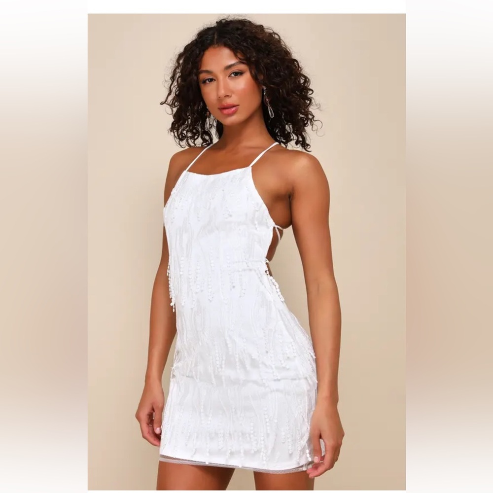 LULUS Making Magic White Fringe Lace-Up Mini Dress